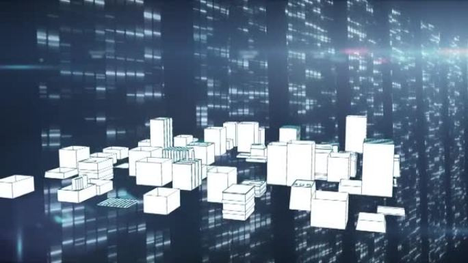 蓝色背景上闪烁的计算机服务器动画和城市3d绘制