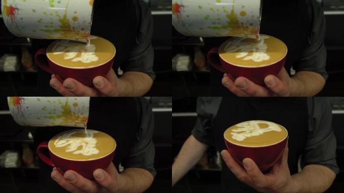 咖啡师制作拿铁或卡布奇诺咖啡的手倒牛奶制作拿铁艺术
