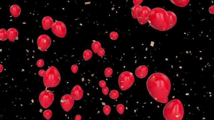 黑色背景上漂浮的红色气球升起和五彩纸屑落下的动画
