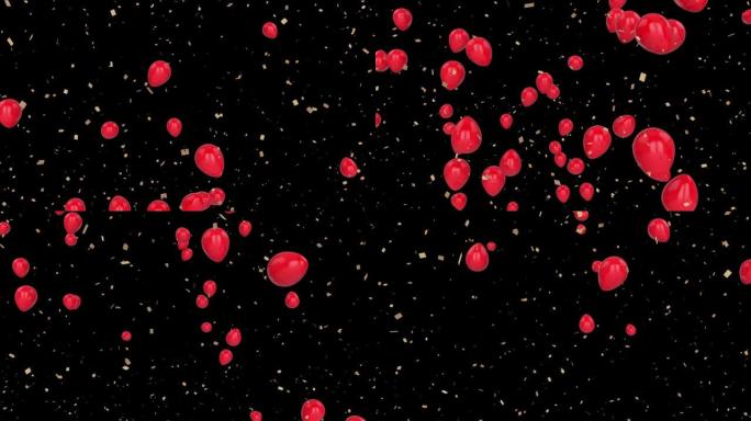 黑色背景上漂浮的红色气球升起和五彩纸屑落下的动画