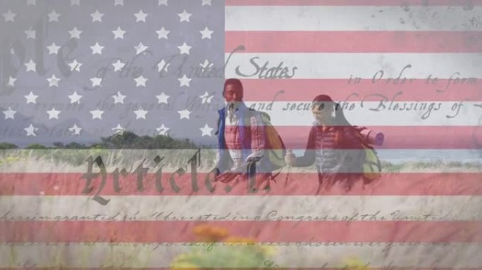 美国国旗和文字在情侣徒步旅行中的动画