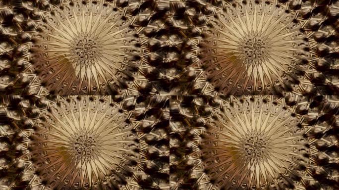 刻有花卉伊斯兰几何图案的黄铜板的抽象特写。摩洛哥和阿拉伯设计的概念。相机旋转。