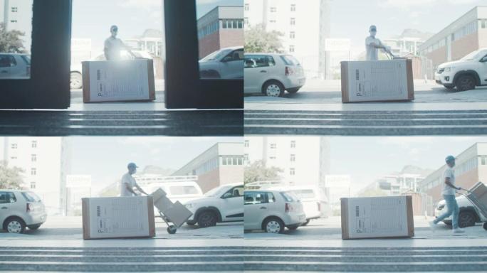 4k镜头，一个无法识别的人将送货送到外面的顾客