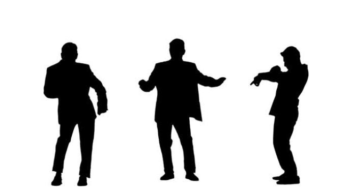 一个穿着西装的年轻人的黑色剪影正在跳舞并挥舞着双手。白色背景上的3合1拼贴正面和侧面视图全长。慢动作