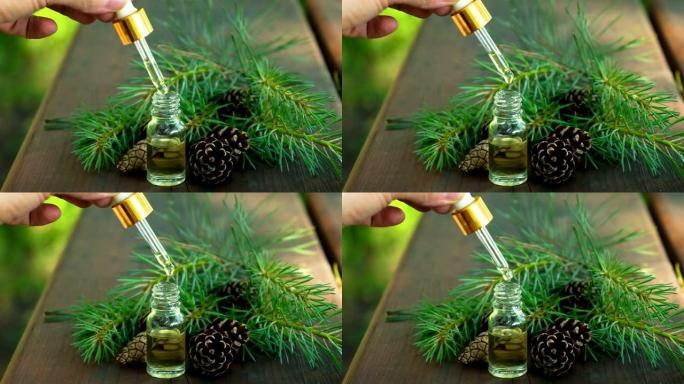 云杉精油装在一个小瓶子里。选择性聚焦。自然。