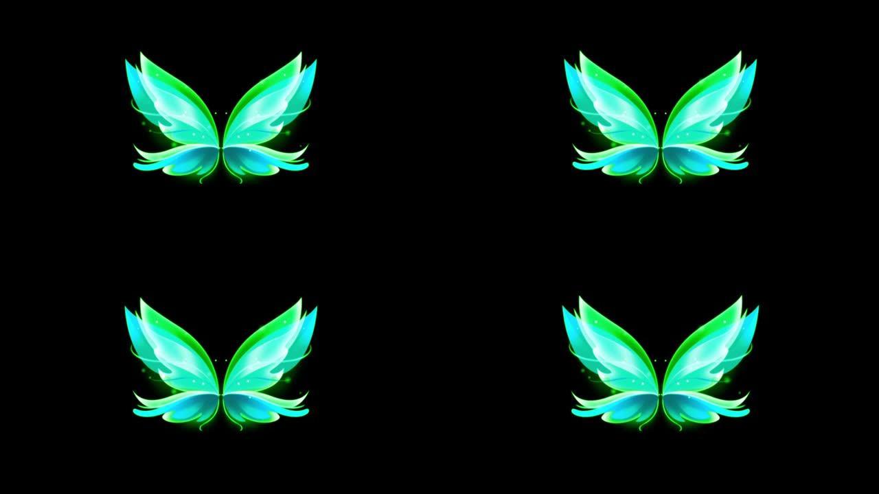黑色背景上的动画彩色蝴蝶翅膀幻想风格。