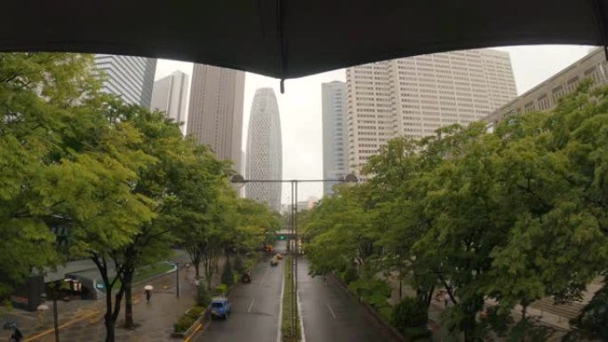 下雨天用雨伞低头看城市街道