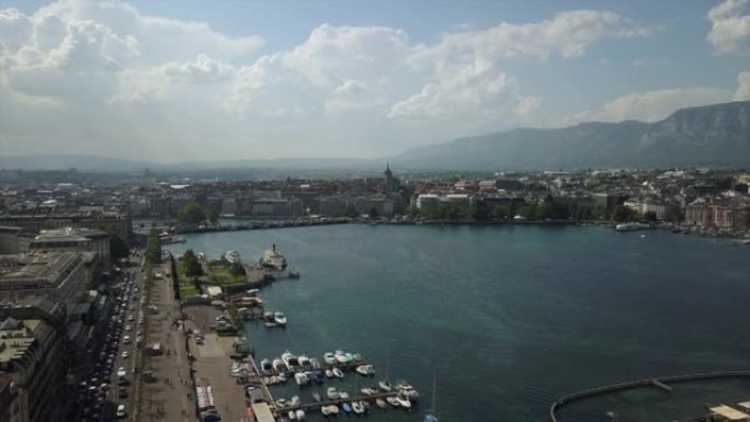 瑞士晴天日内瓦湖湾城市景观空中全景4k