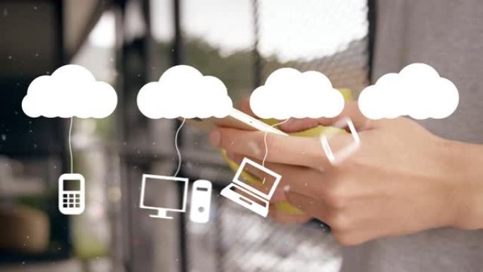使用智能手机在女人身上的云和数字图标动画