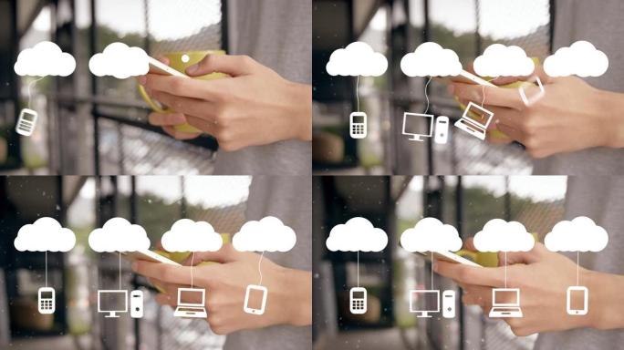 使用智能手机在女人身上的云和数字图标动画