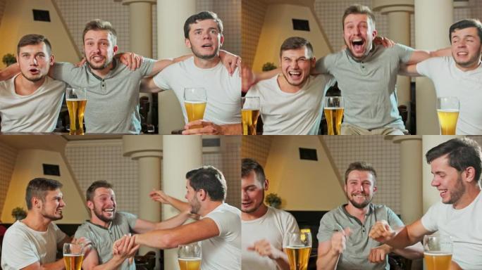 快乐的老朋友在电视上看足球比赛，在酒吧的酒吧柜台喝生啤酒，玩得开心