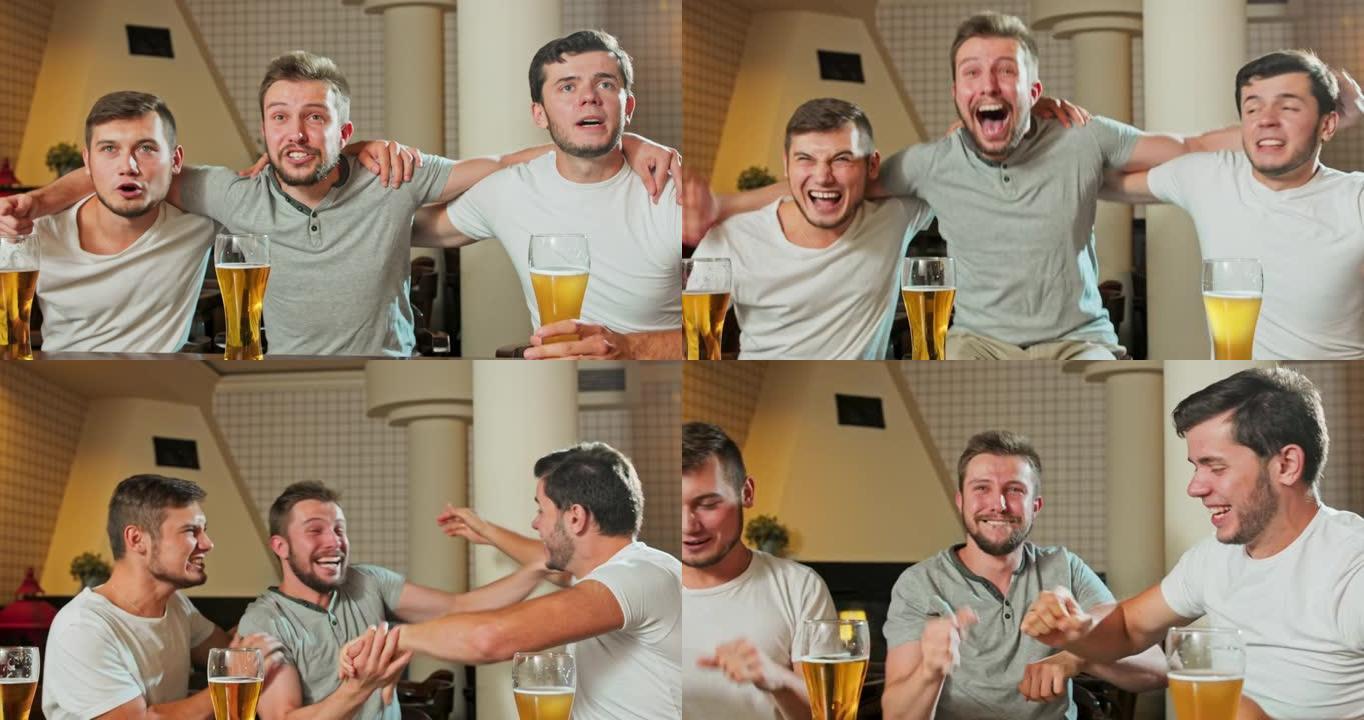 快乐的老朋友在电视上看足球比赛，在酒吧的酒吧柜台喝生啤酒，玩得开心