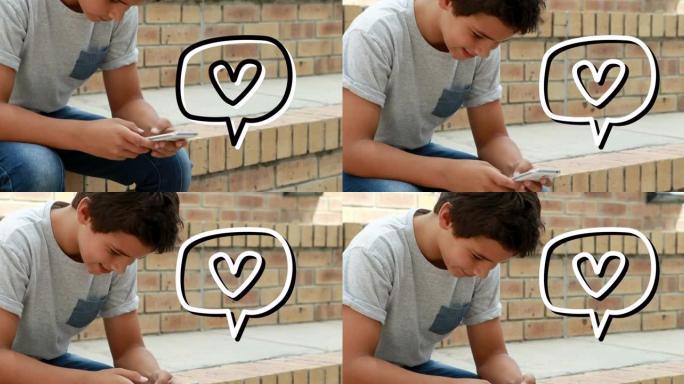 在户外使用智能手机对抗男孩的语音泡沫上的心脏图标