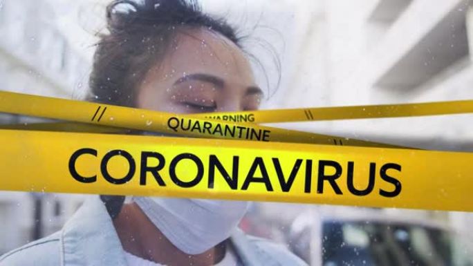 危险胶带上的冠状病毒文字动画在街上咳嗽的女人脸上