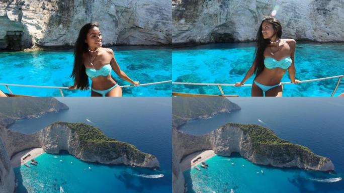 在扎金索斯希腊-纳瓦焦海滩享受暑假的亚洲女性的4k视频无人机视图