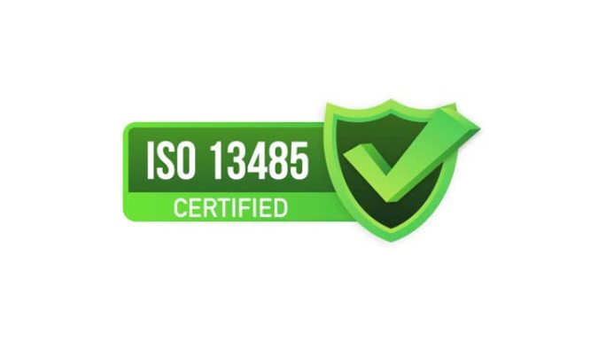 ISO 13485认证徽章，图标。认证印章。平面设计。运动图形。