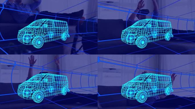 面包车3d技术图动画，在家中戴着vr耳机的人