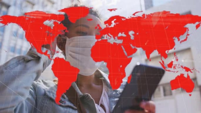 世界地图的动画显示使用智能手机在城市的口罩中感染了女性