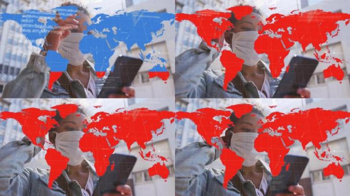 世界地图的动画显示使用智能手机在城市的口罩中感染了女性