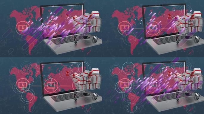 世界地图上购物手推车、笔记本电脑和网络的动画