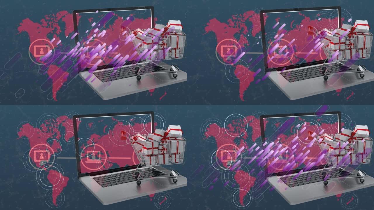 世界地图上购物手推车、笔记本电脑和网络的动画