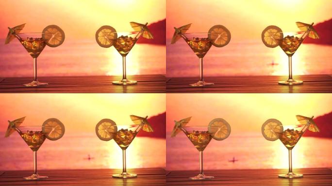 视频镜头玻璃鸡尾酒与柠檬在大海，太阳和船的背景。