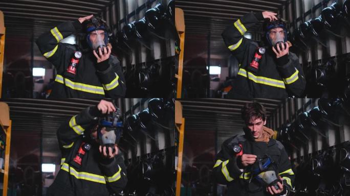 消防员或消防员戴着防烟面具，但他有无法完成该过程的问题