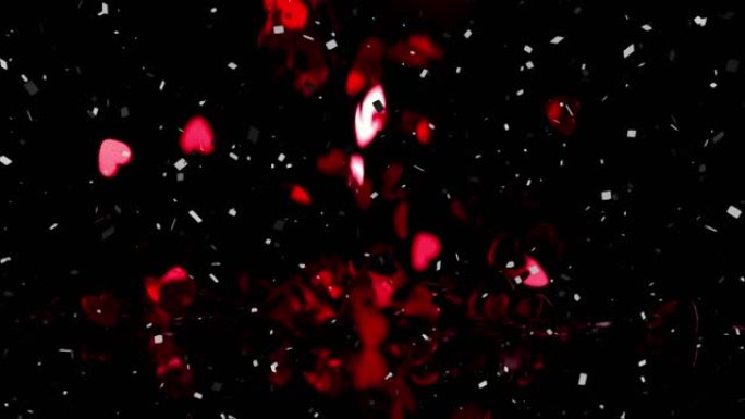 五彩纸屑和红心落在黑色背景上的动画