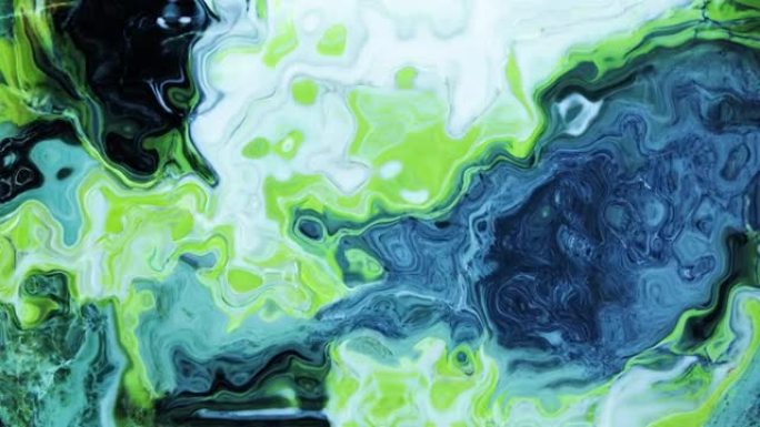 充满活力的绿色和蓝色液体在催眠运动中流动的动画