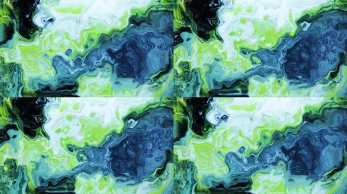 充满活力的绿色和蓝色液体在催眠运动中流动的动画
