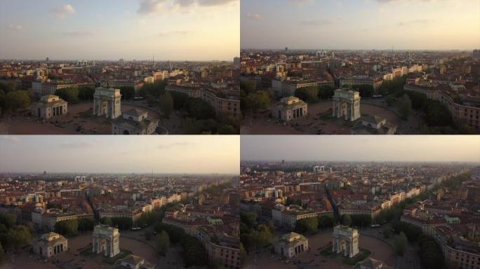 意大利日落时间米兰市著名和平拱门空中全景4k