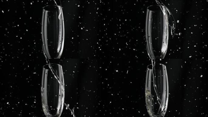 香槟倒入玻璃中的动画，五彩纸屑落在黑色背景上