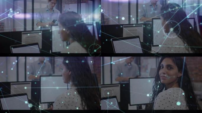 办公室中使用计算机通过女商人连接的网络动画