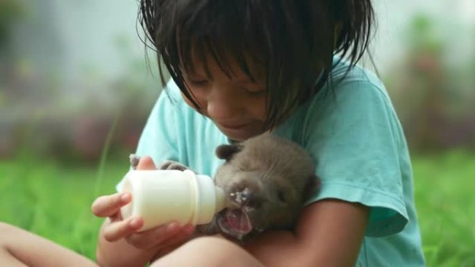 小女孩试图用瓶子喂她的小狗。