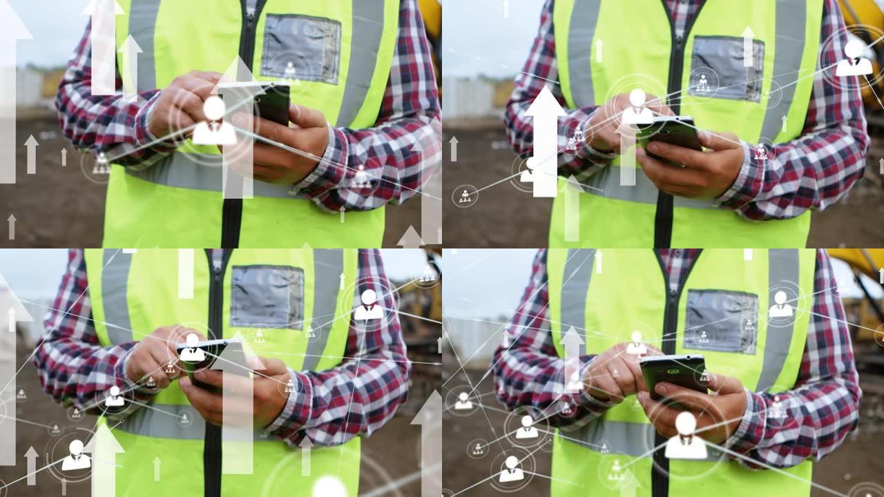 配置文件图标和箭头的网络与施工人员使用智能手机的中间部分