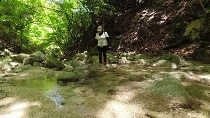 两名徒步旅行者在森林山径上穿越淡水溪流