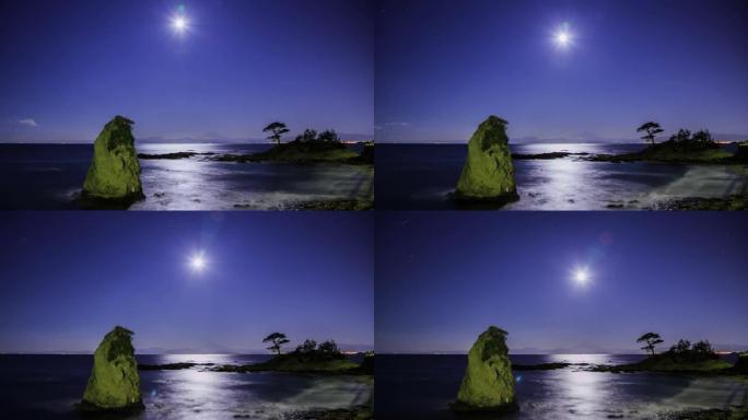 神奈川县横须贺市立石海岸月光照亮的富士山延时