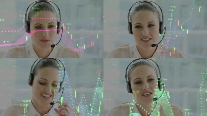 使用电话耳机对女商人进行数据处理的动画