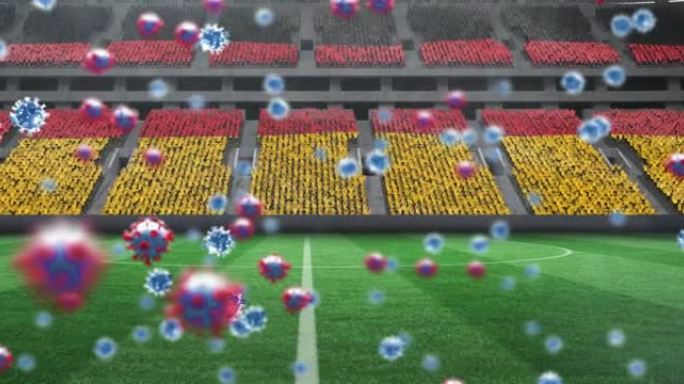 在空荡荡的体育馆中，covid 19细胞在德国国旗上的动画