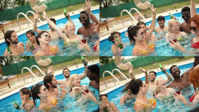 朋友们举行泳池派对。
