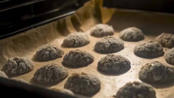 在烤箱中烘烤的托盘中延迟新鲜出炉的巧克力曲奇饼干