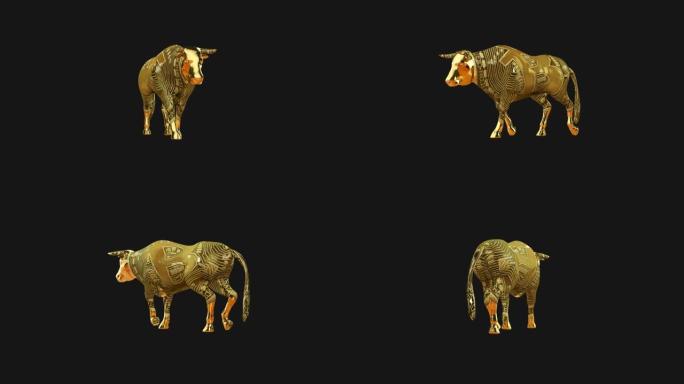 3D行走公牛象征着公牛加密市场，循环，阿尔法通道