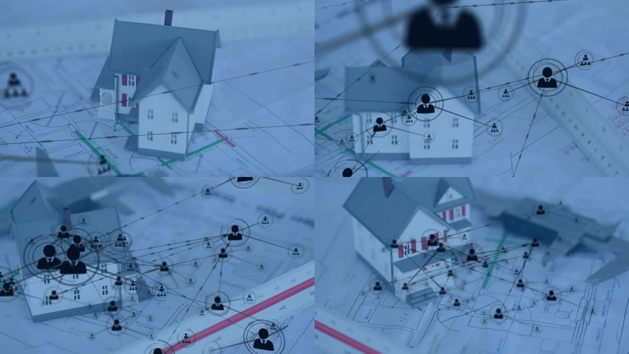 房屋模型和图纸上带有图标的连接网络动画