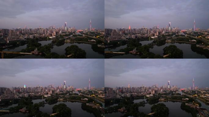 中国广州城市景观的空中平移视图