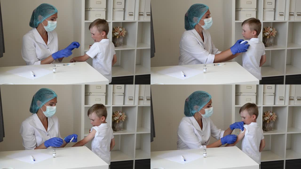 当医生给冠状病毒注射时，孩子哭了，表明接种疫苗对他来说是不愉快和痛苦的。