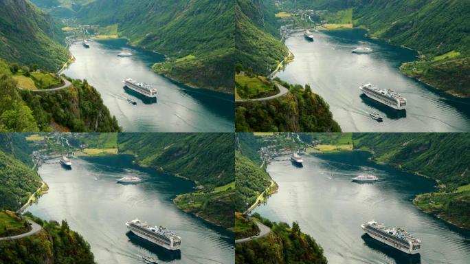 挪威Geirangerfjord。阳光明媚的夏日，旅游船渡船游轮班轮漂浮在Geirangerfjor