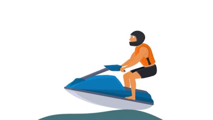 喷气滑雪。一个男子在水上摩托艇上的动画。卡通