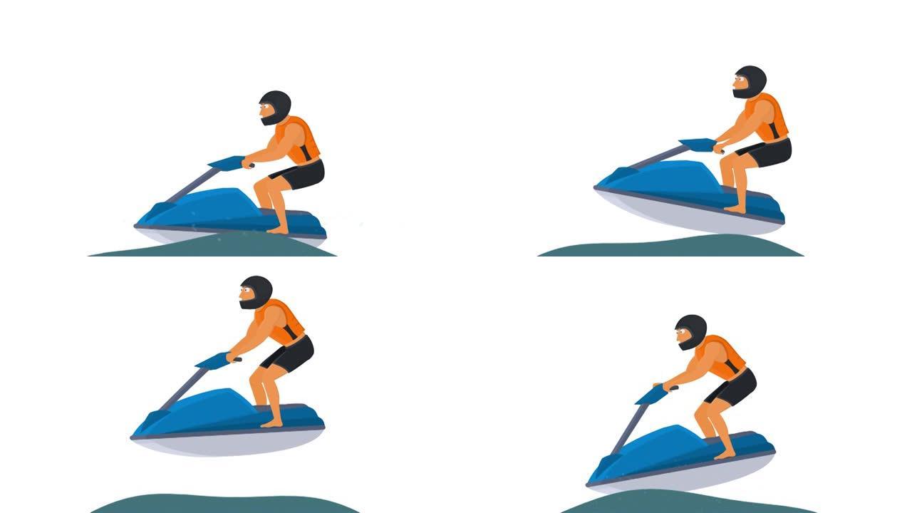 喷气滑雪。一个男子在水上摩托艇上的动画。卡通