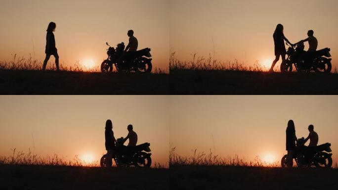 一个年轻女子的剪影，给坐在摩托车上的男人