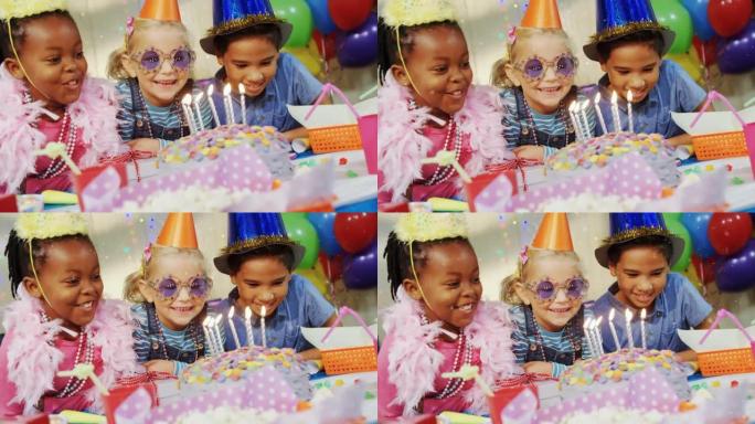 戴着帽子的生日蛋糕在派对上玩耍的多样化快乐儿童动画